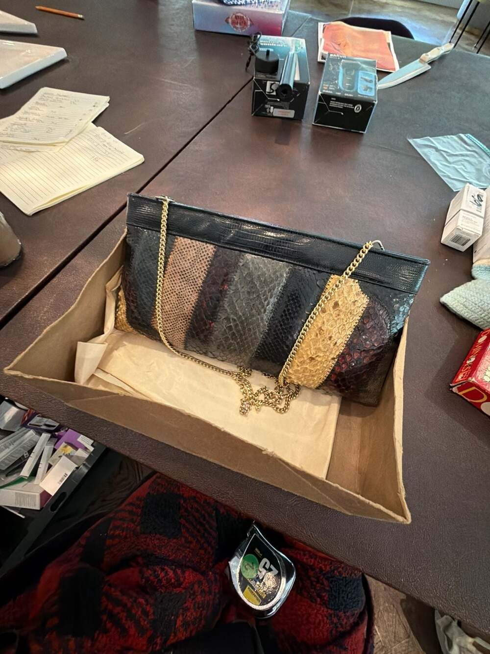 Vintage Supreme Multi-Color Snakeskin Patchwork Clutch brass Chain w original bo